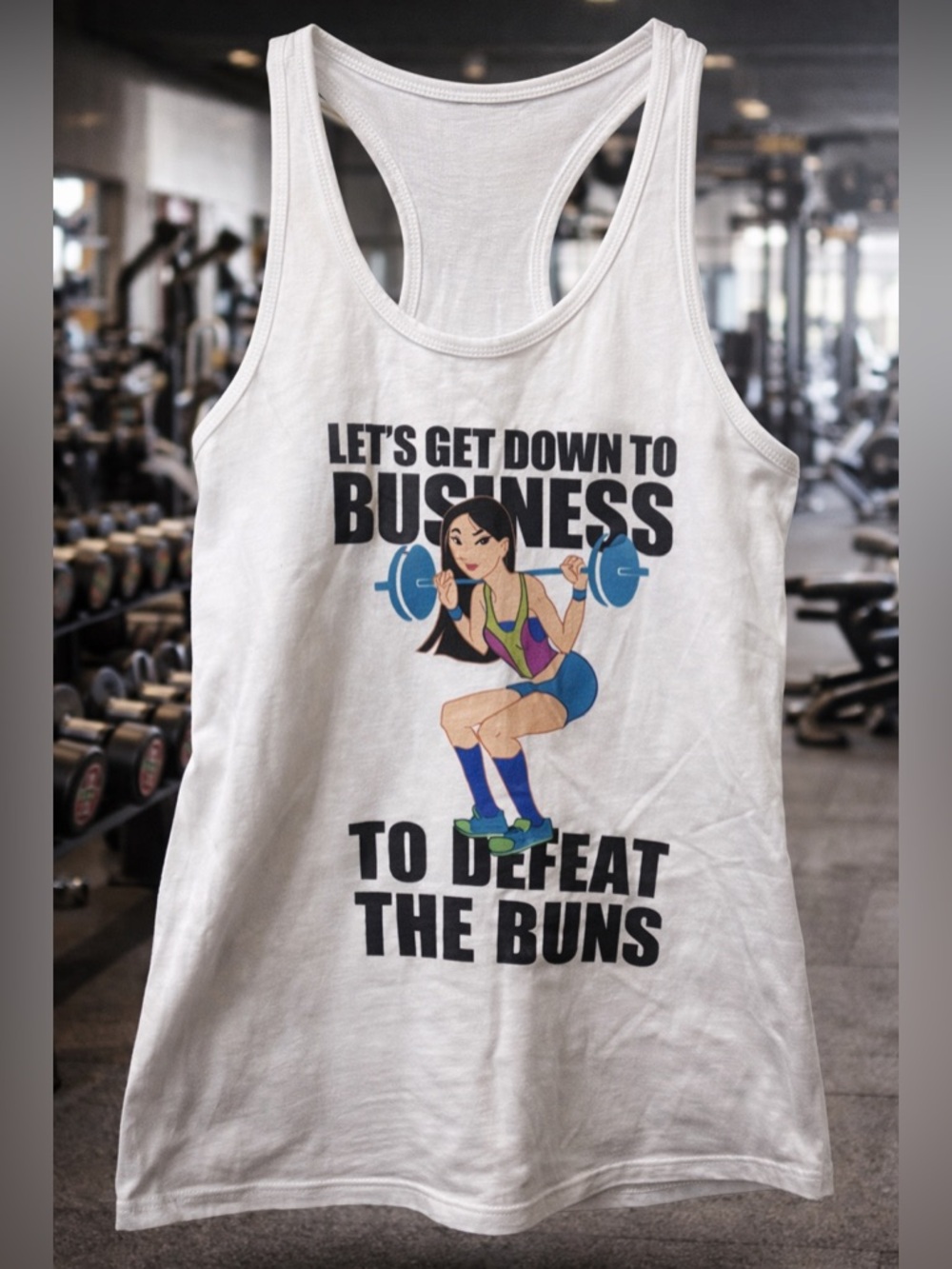 White Graphic Racerback Mulan Tank Top - Let's Get Down To Business